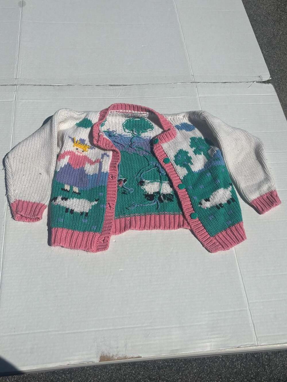 Vintage Celebration Hand Knit Pastoral Sheep Scene Cardigan Sweater Kids 2-4